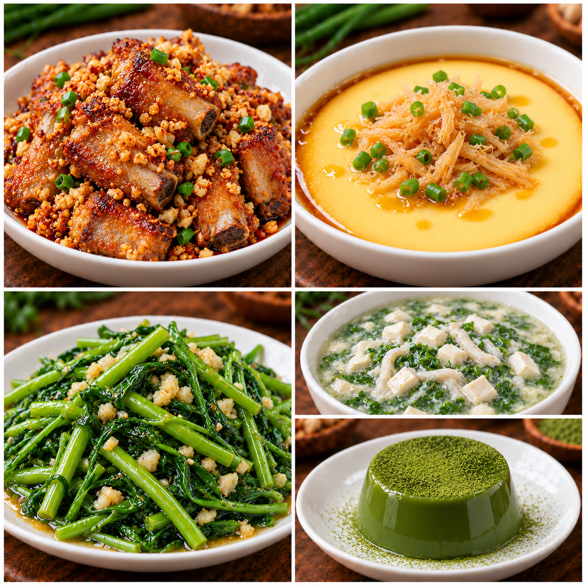 10月29日 周四家乡菜：蒜香排骨、瑶柱蒸水蛋、蒜蓉水通菜、荠菜鱼丝豆腐羹（赠品：抹茶冻）