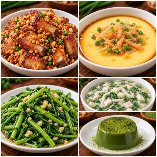 10月29日 周四家乡菜：蒜香排骨、瑶柱蒸水蛋、蒜蓉水通菜、荠菜鱼丝豆腐羹（赠品：抹茶冻）