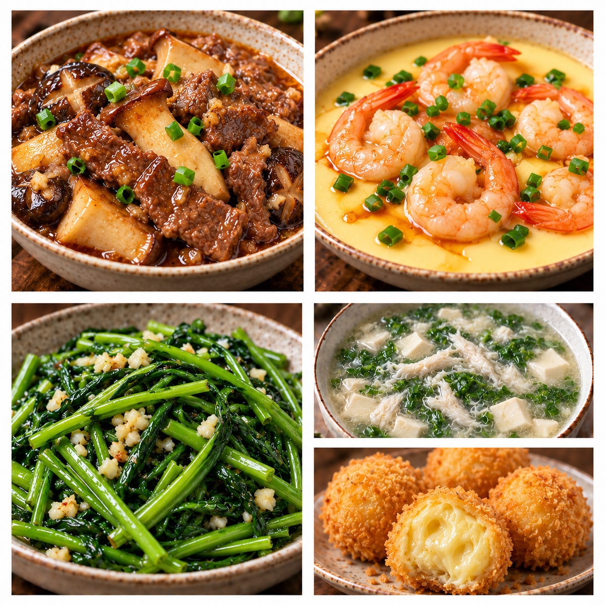 10月08日 周四家乡菜：烧汁鲜菇牛肉、凤尾虾蒸蛋、蒜蓉水通菜、荠菜鱼丝豆腐羹（赠品：炸榴莲球）