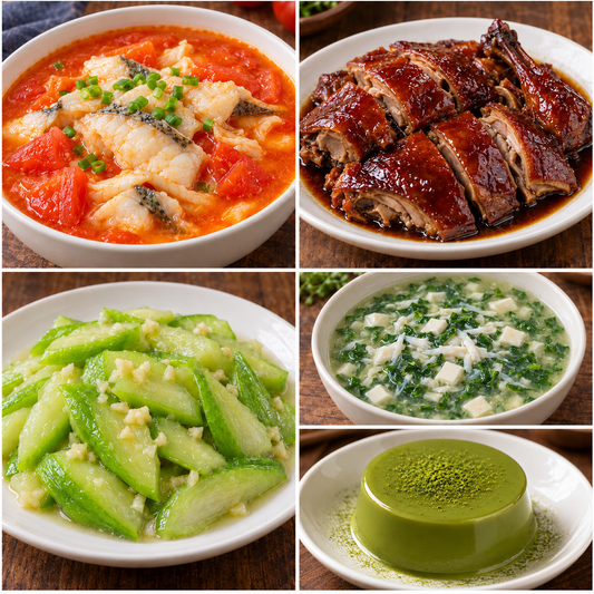 10月22日 周四家乡菜：番茄鱼片、上海酱鸭、清炒丝瓜、荠菜鱼丝豆腐羹（赠品：抹茶冻）