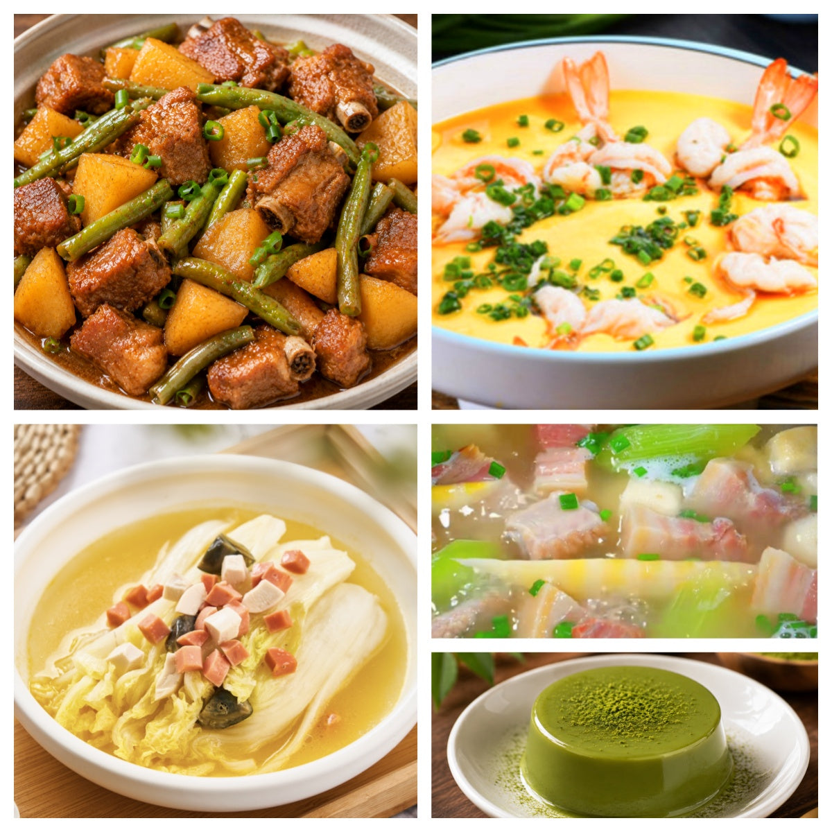 08月21日 周五家乡菜：豆角土豆焖排骨、凤尾虾蒸蛋、上汤娃娃菜、腌笃鲜（赠品：抹茶奶冻）