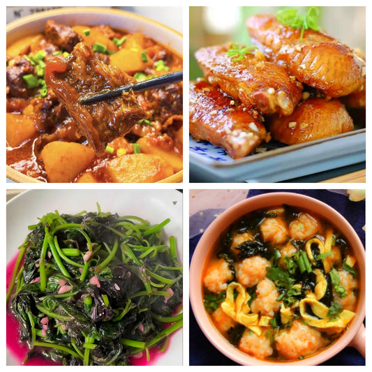 05月27日 周三经典回归：土豆烧牛腩、蒜香鸡翅、蒜蓉红苋菜、紫菜鸡蛋虾滑汤