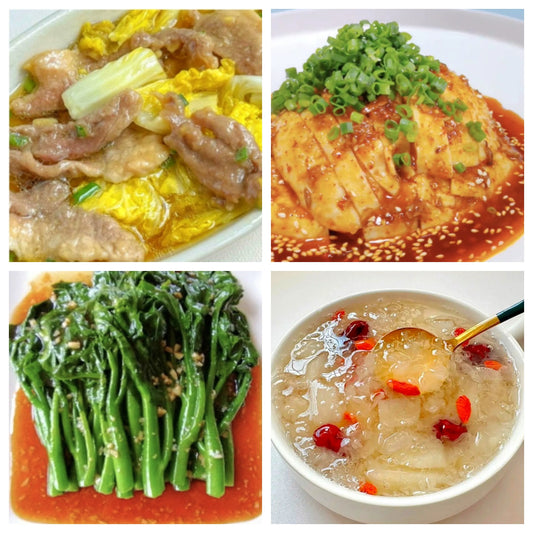 04月22日 周三麻辣鲜香： 🌶️口水鸡、娃娃菜蒸嫩肉、蚝油油菜、莲子银耳羹