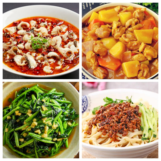 03月18日 周三麻辣鲜香： 🌶️沸腾鱼、咖喱土豆鸡肉、蒜蓉菠菜、微🌶️花果山炸酱面