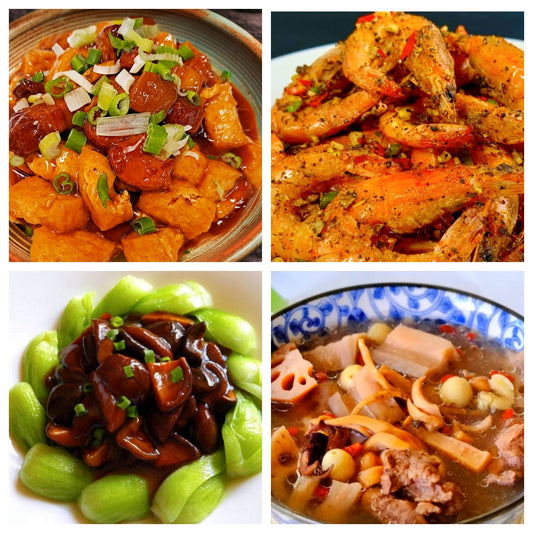 05月28日 周四经典回归菜：油豆腐红烧肉、椒盐大虾、香菇油菜、双莲排骨汤