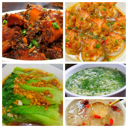 07月21日 周二经典回归：梅干菜酱排骨、蒜蓉粉丝蒸大虾、蚝油生菜、荠菜鱼丝豆腐羹（赠品：银耳羹）