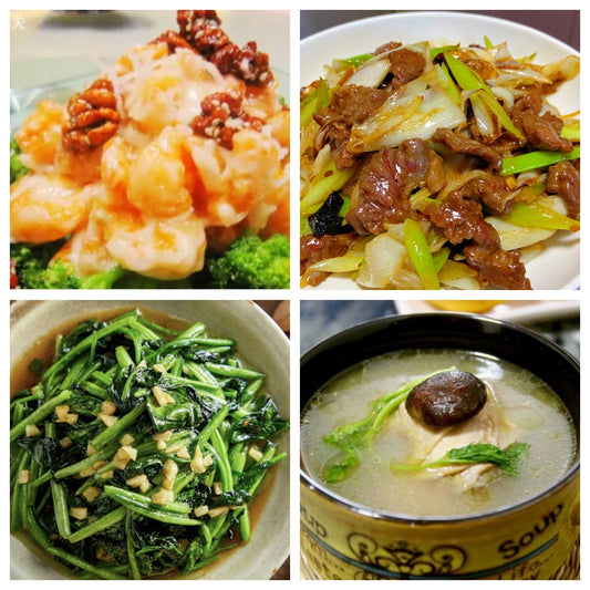 Tuesday, April 7th: Classic dishes return: Walnut Shrimp, Stir-fried Beef with Scallions, Garlic Spinach, and Nourishing Chicken Soup.