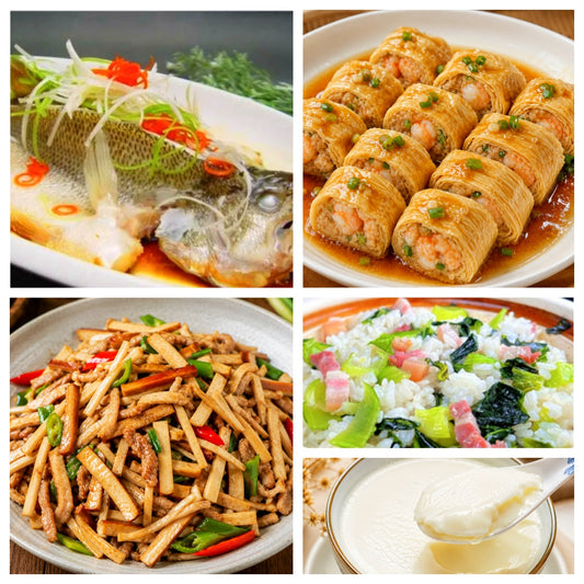 8月18日 周二经典回归：清蒸鲈鱼、虾仁鲜肉腐竹卷、西芹炒香干、上海菜饭（赠品：双皮奶）