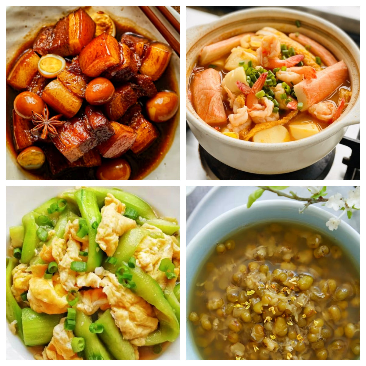 06月23日 周二经典回归: 鹌鹑蛋红烧肉、海鲜豆腐煲、丝瓜炒鸡蛋、绿豆粥