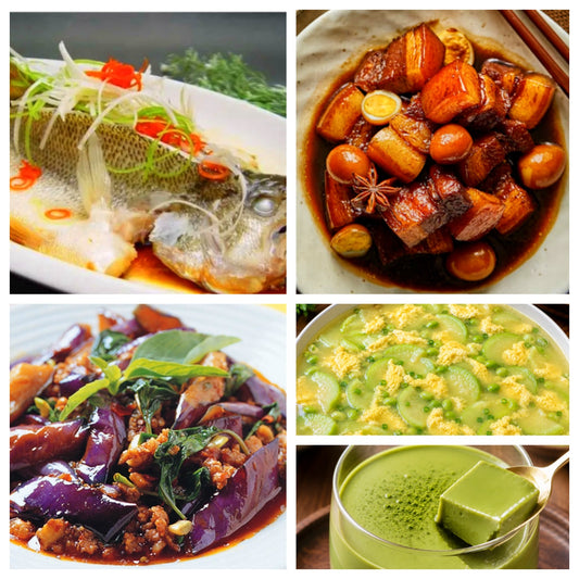 8月25日 周二经典回归：清蒸鲈鱼、鹌鹑蛋红烧肉、九层塔茄子、丝瓜毛豆蛋汤（赠品：抹茶冻）