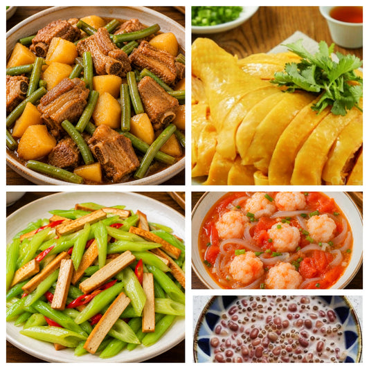 9月11日 周五家乡菜：豆角土豆炖排骨、上海三黄鸡、西芹炒豆干、番茄魔芋虾滑汤（赠品：椰汁红豆粥）