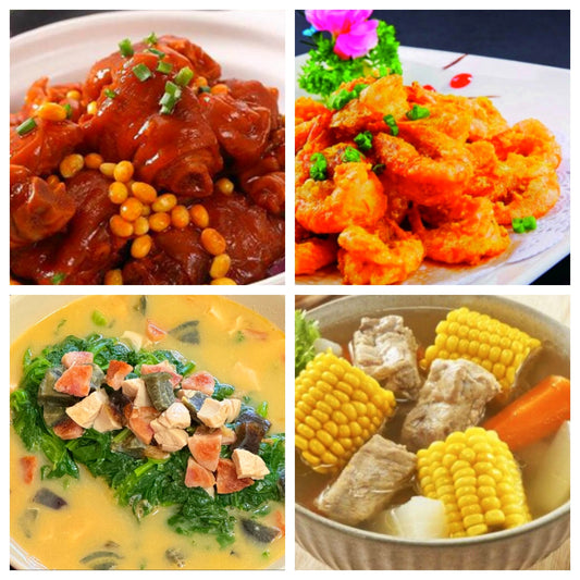 01月16日 周五家乡菜：黄豆炖猪脚、咸蛋黄大虾、上汤菠菜、玉米胡萝卜排骨汤