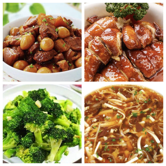 3月28日 周五家乡菜：鹌鹑蛋红烧肉、豉油鸡、蒜蓉西兰花、酸辣汤