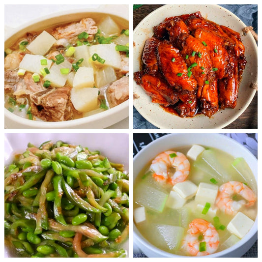 04月17日 周五家乡菜：清汤萝卜排骨、可乐鸡翅、青椒茄子炒毛豆子、冬瓜虾仁汤