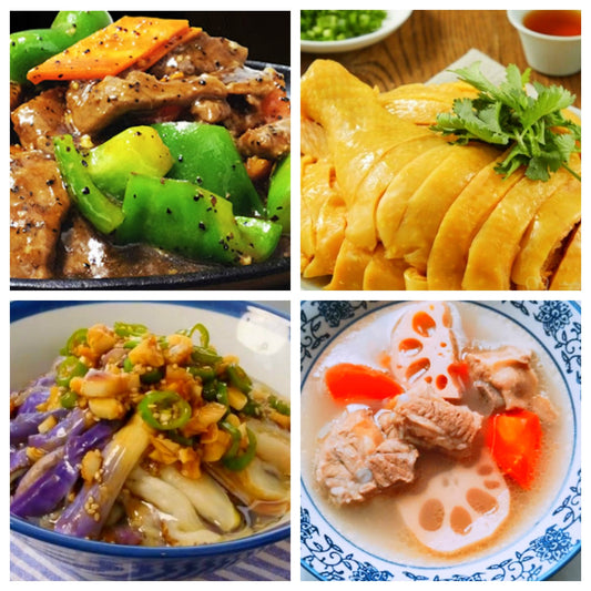 Friday, August 29th: Hometown Dishes: Sizzling Black Pepper Beef, Shanghai Three-Yellow Chicken (with dipping sauce), Shredded Eggplant, Lotus Root, Peanut, and Pork Bone Soup (with peanuts)