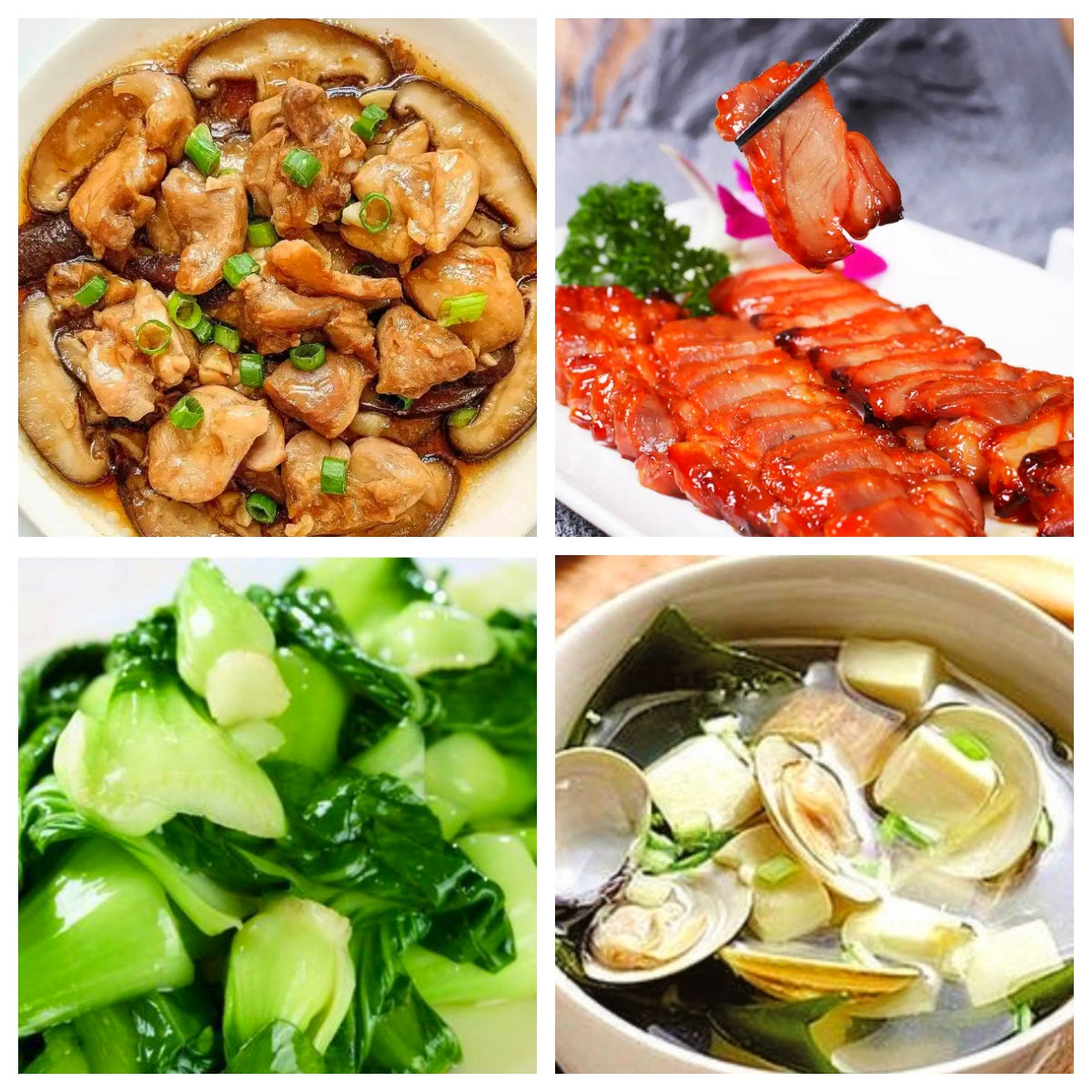 12月12日 周五家乡菜：香菇蒸鸡、叉烧、清炒上海青、文蛤豆腐汤