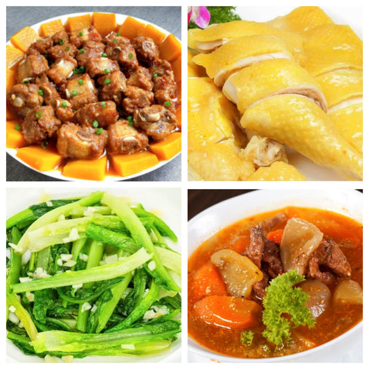 5月02日 周五家乡菜：南瓜蒸排骨、广东白切鸡、蒜蓉油麦菜、番茄牛肉土豆汤