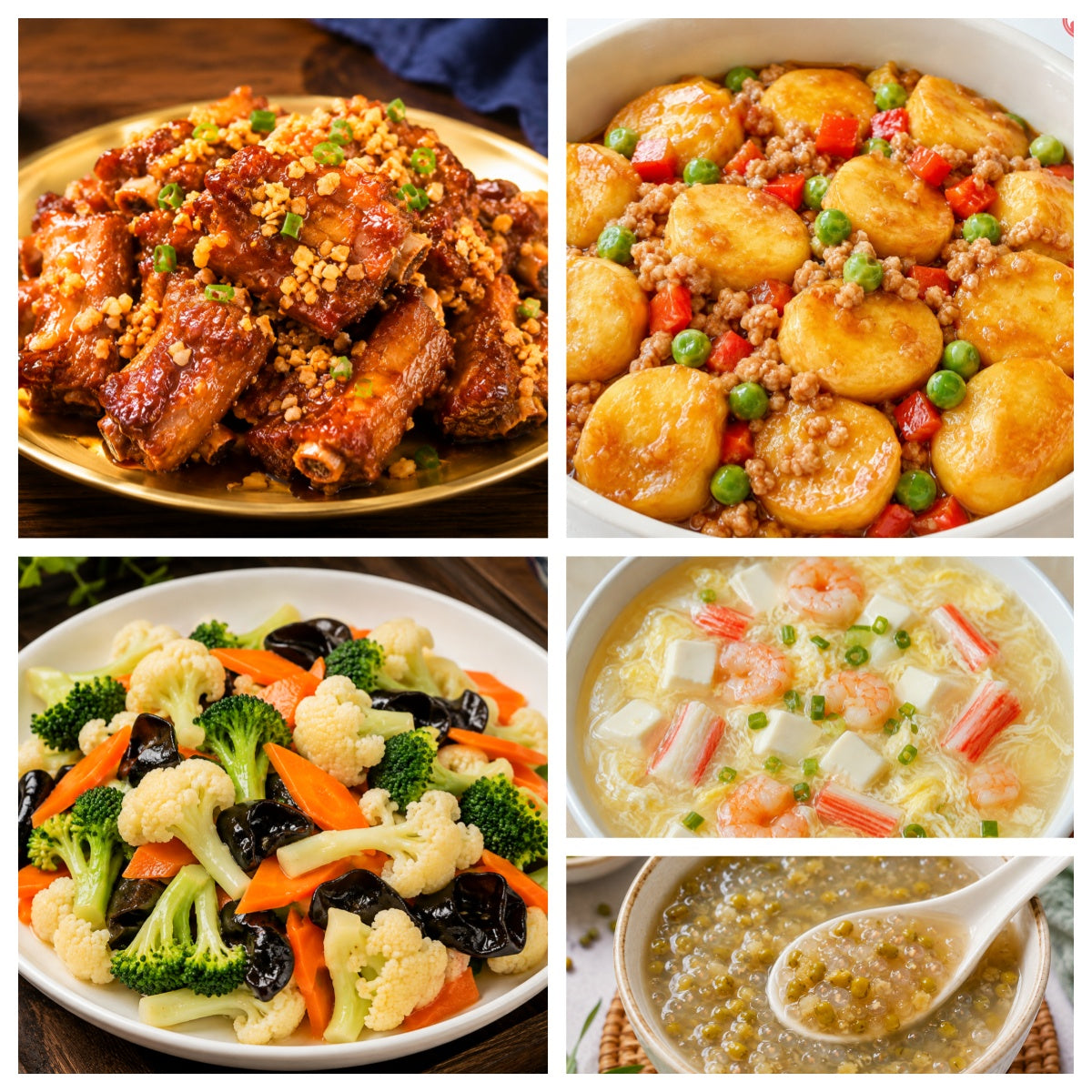 08月17日 周一经典回归：金牌蒜香骨、肉末玉子豆腐 、什锦花菜、海鲜豆腐羹（赠品：绿豆西米露）