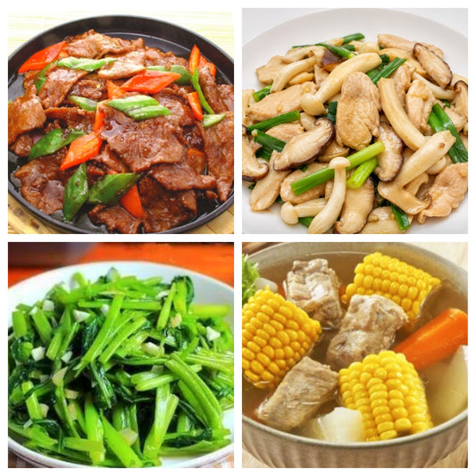 05月18日 周一经典回归：菌菇炒鸡肉片、铁板洋葱牛肉、蒜蓉空心菜、玉米排骨汤