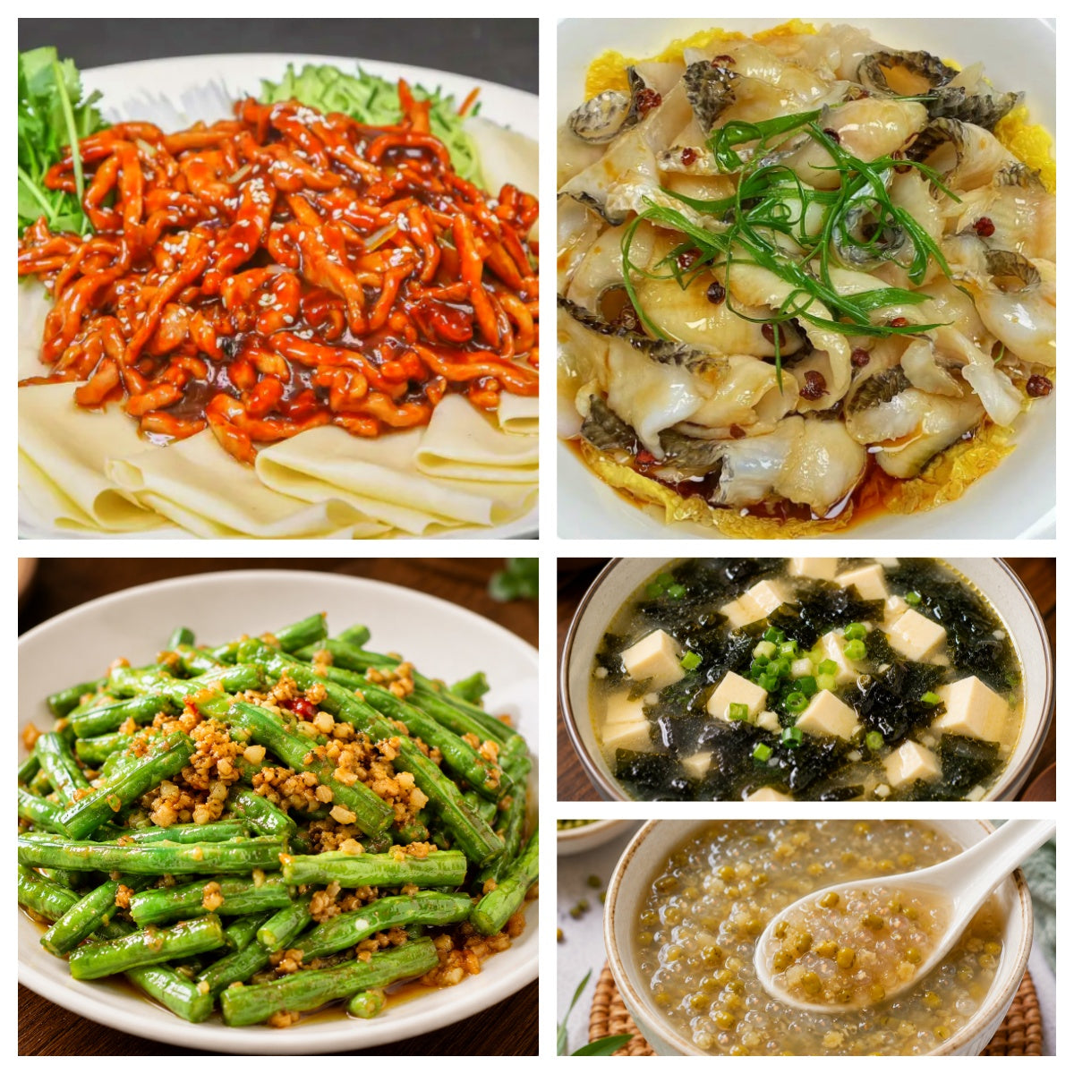 9月07日 周一经典回归：葱油鱼片、京酱肉丝、蒜蓉豆角、紫菜蛋花豆腐汤（赠品：绿豆西米露）