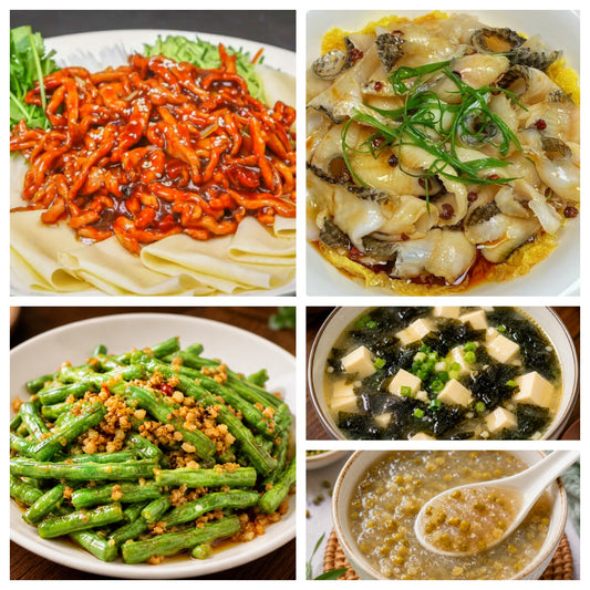 9月07日 周一经典回归：葱油鱼片、京酱肉丝、蒜蓉豆角、紫菜蛋花豆腐汤（赠品：绿豆西米露）