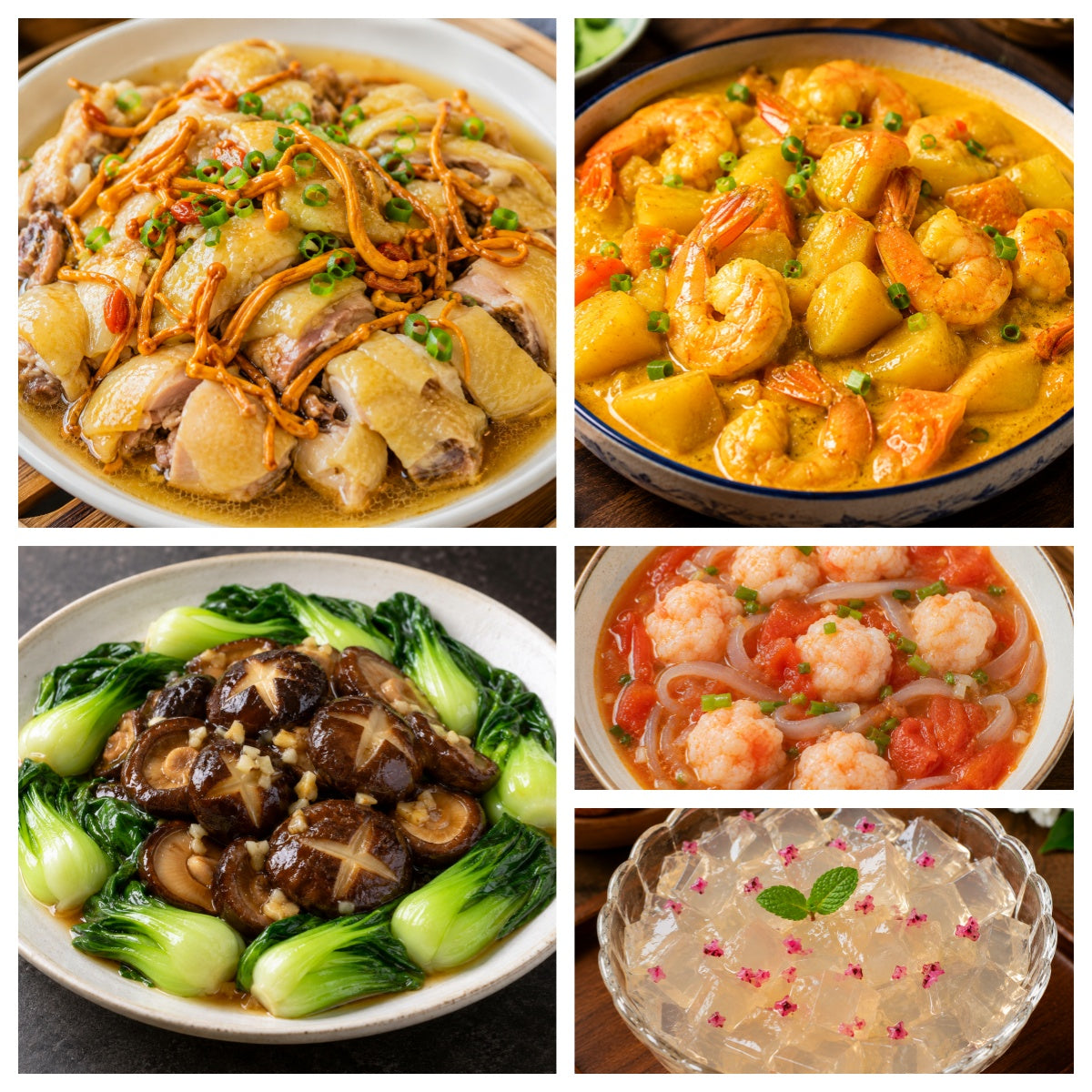 9月23日 周三家乡菜：虫草花蒸鸡、咖喱土豆虾、香菇油菜、番茄魔芋虾滑汤（赠品：荔枝冰粉）
