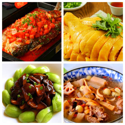 05月28日 周四家乡菜：上海三黄鸡、番茄烤鱼、香菇油菜、双莲排骨汤