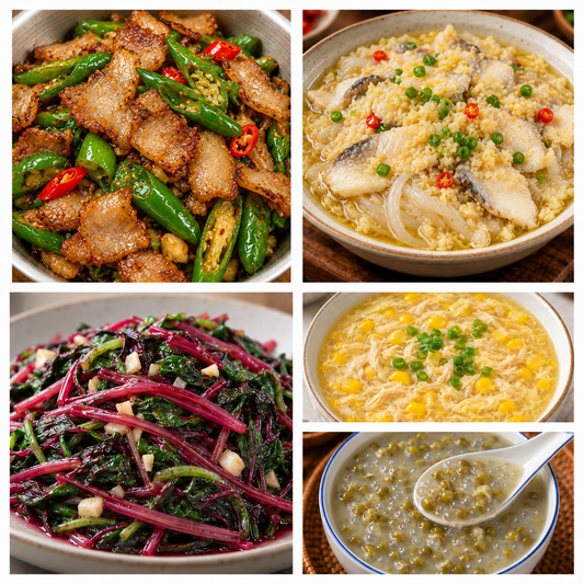 10月05日 周一麻辣鲜香：蒜蓉魔芋鱼片、农家小炒肉🌶️、蒜蓉红苋菜、鸡茸玉米羹（赠品：绿豆西米露）
