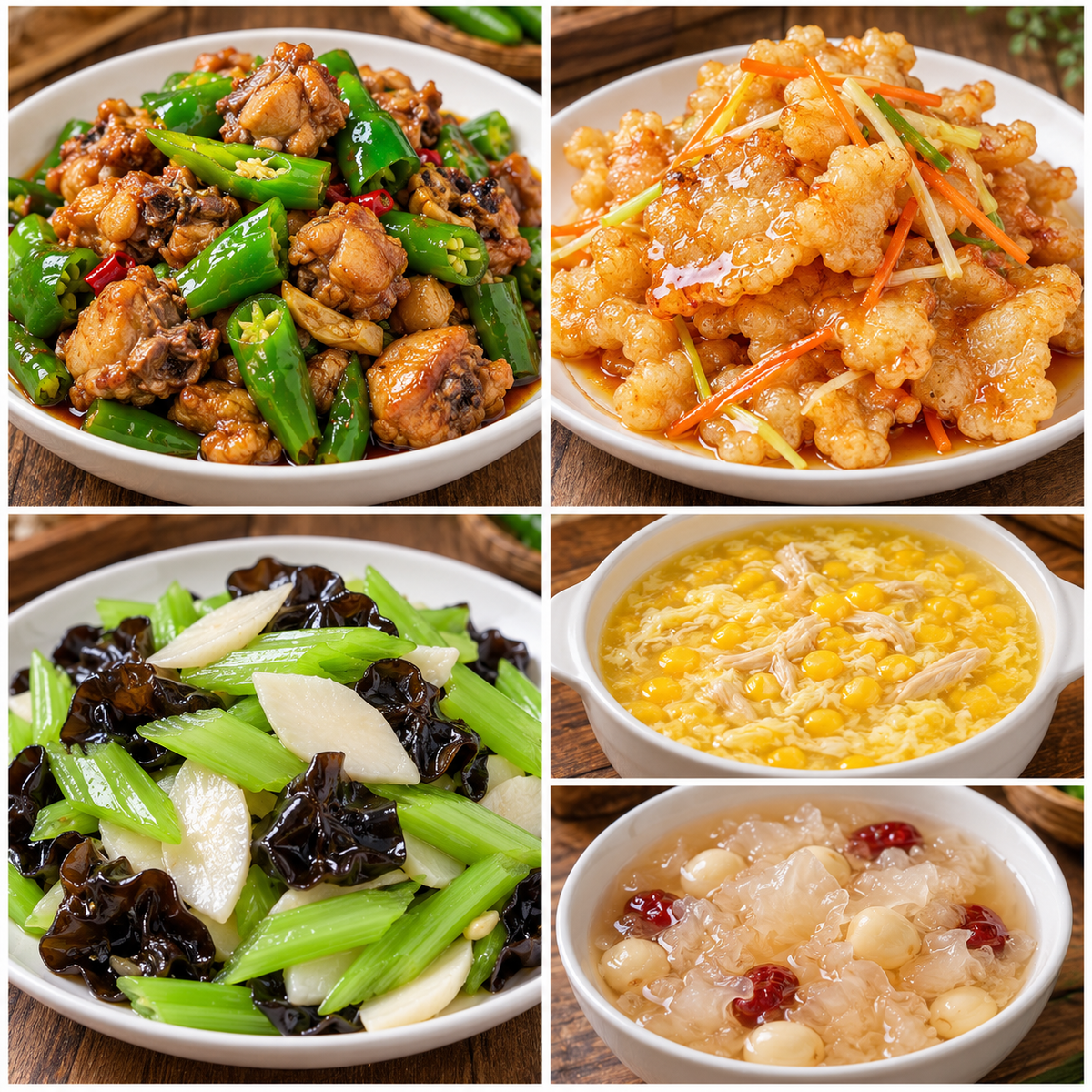 10月19日 周一麻辣鲜香：青椒炒鸡🌶️、锅包肉、西芹木耳炒山药、鸡茸玉米羹（赠品：银耳莲子羹）